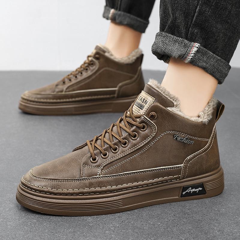 Men Boots Winter High Top Leather Shoes Plush Keep Warm Fashion Ankle Boots Business Casual Outdoor Shoes