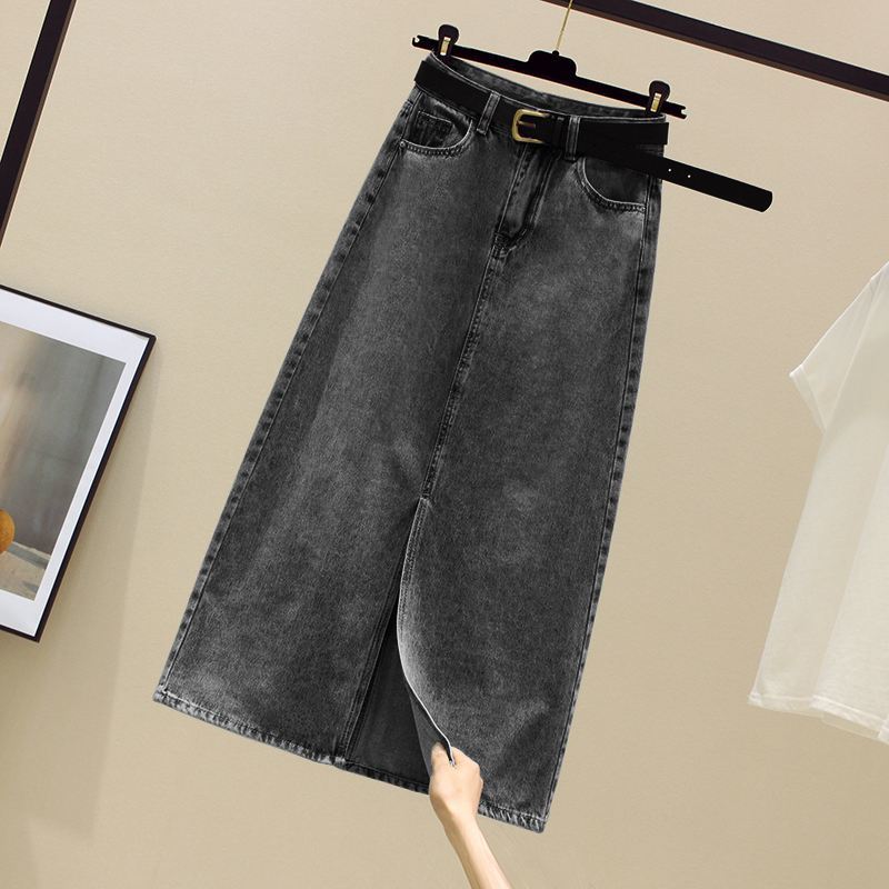 Джинсовая юбка с завышенной талией и разрезом сбоку для женщин, средней длины, А-силуэта, облегающая бедра, длинная юбка, модель весна-осень-лето