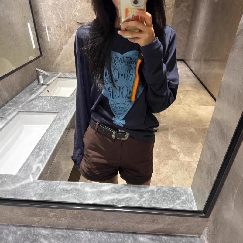 Весна Осень Простая Модная Футболка с Принтом с Длинным Рукавом Женская Свободная Универсальная Повседневная Хлопковая Толстовка Топ Футболка