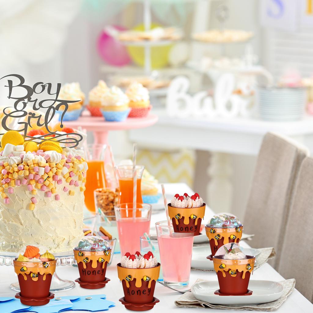 48 Pack Mini Honey Bee Pots with Lids Spoon Saucers and Wooden Bee Charms For Baby Shower Birthday Party Supplies