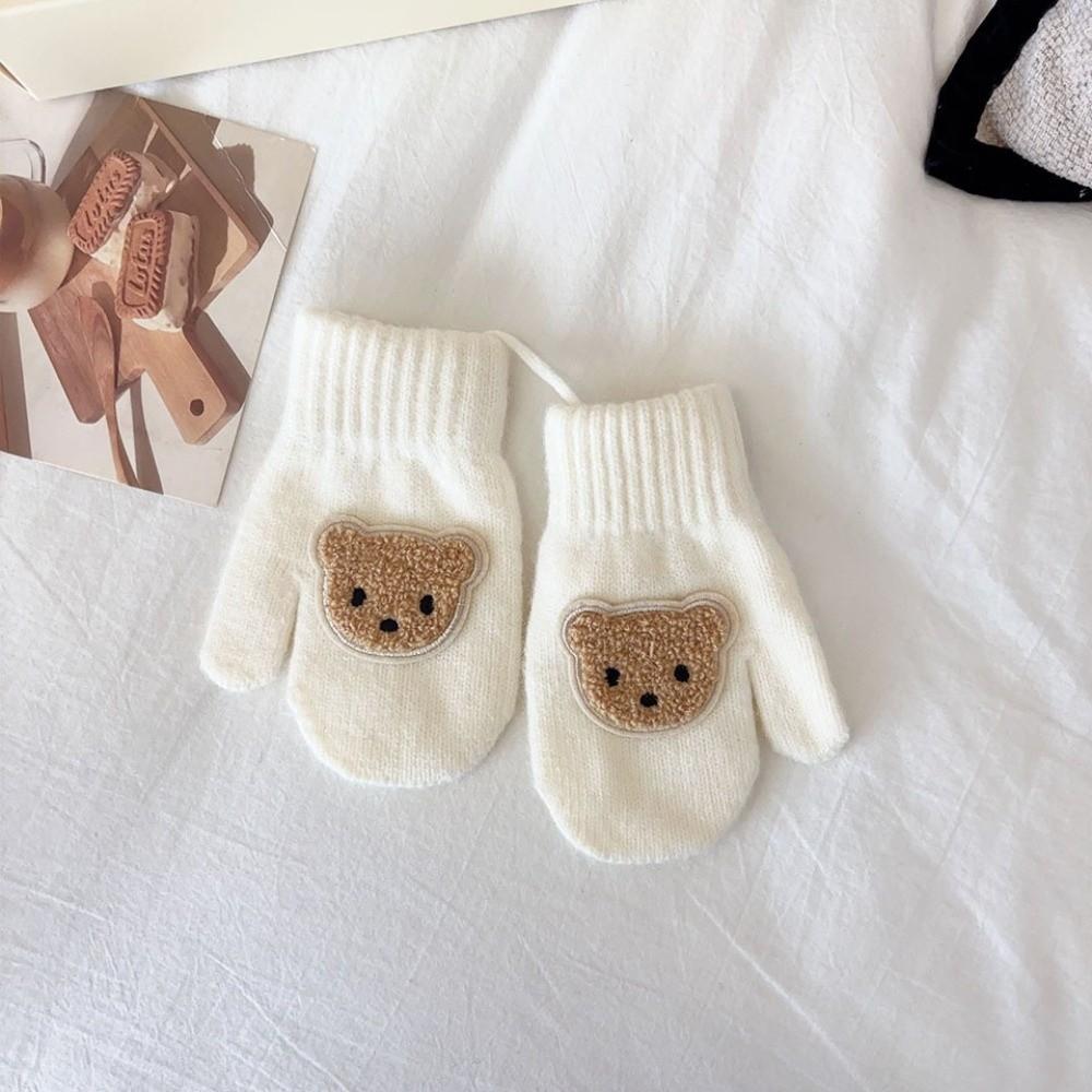 With Ropes Cartoon Bear Gloves Solid Color Full Finger Gloves Cute Knitted Mittens Winter Season