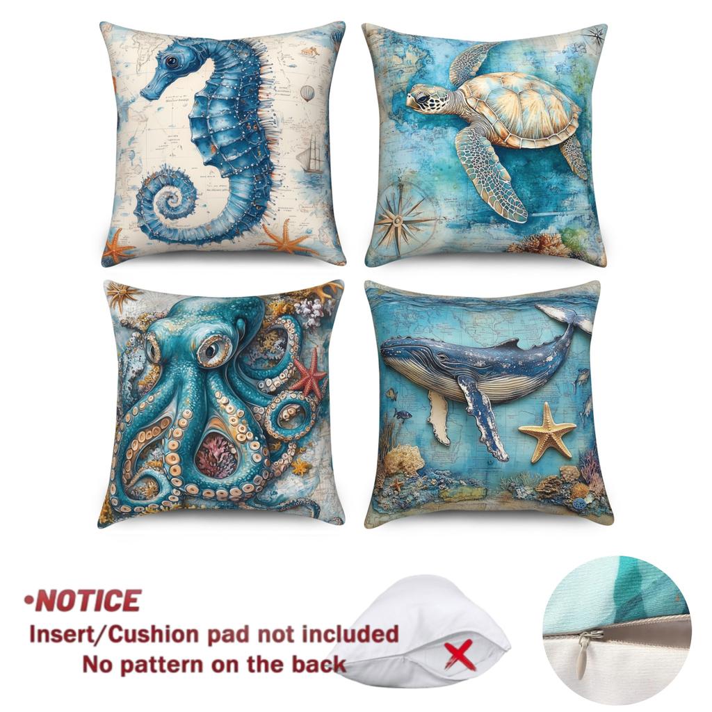 4Pcs Nautical Ocean Animal Throw Pillow Covers Polyester Linen Pillowcases Seahorse Turtle Octopus Whale Pattern For Home Decor