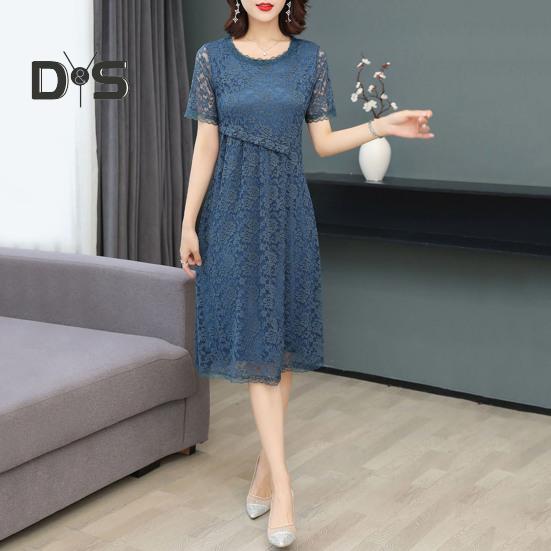 Women Dress Hollow Out Lace Round Neck Solid Color Flower Embroidery A Line Loose Hem Double Layers Knee Length Short Sleeve Lady Midi Dress