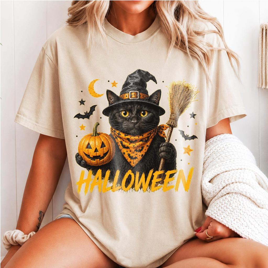 Spooky Black Cat Witch Halloween Shirt, Funny Cat Mom Fall Tee, Trick or Treat Apparel, Vintage Spooky Season Gift