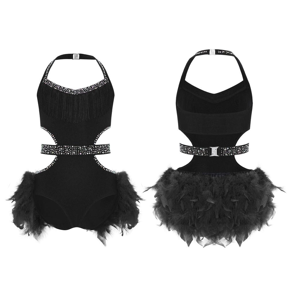 Girls Performance Leotard Halter Sleeveless Cutout Back with Feather Skirt Latin Dancewear