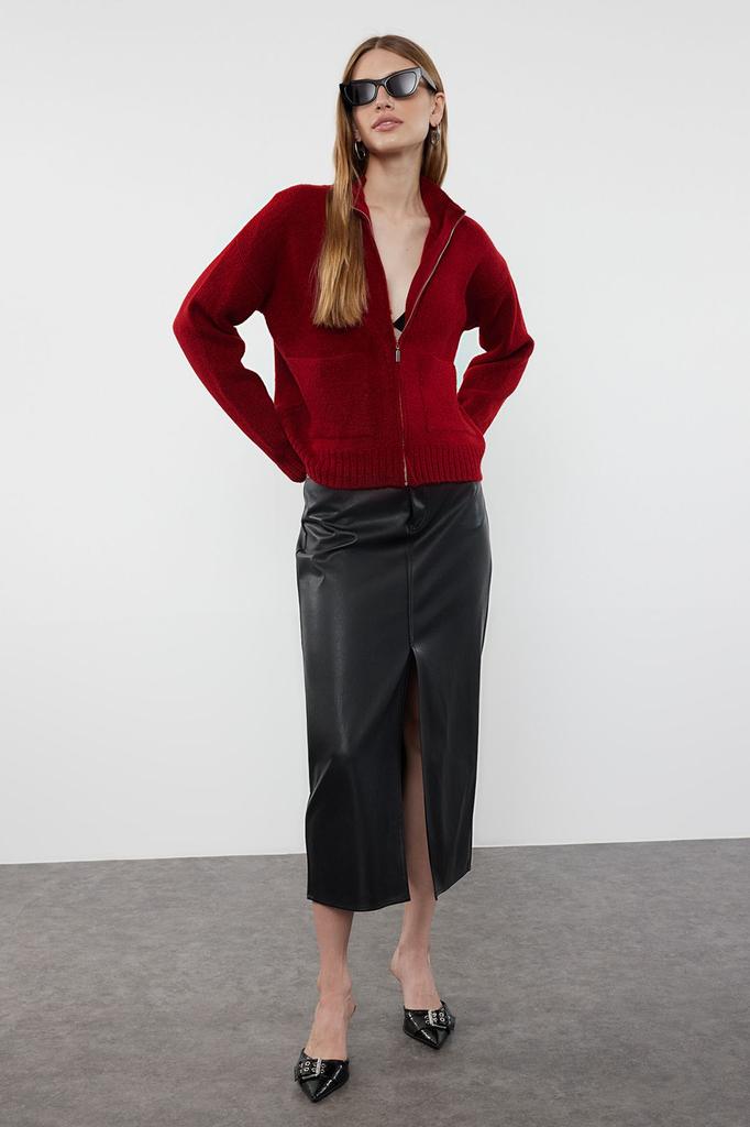 Women's Elegance Style Cardigan Black Soft Textured Zipper Knitwear Cardigan