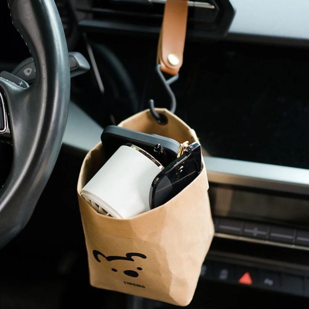 Multipurpose Vehicle Organizer Bear Shaped Kraft Paper Storage Bag Portable Garbage Bin Car Use
