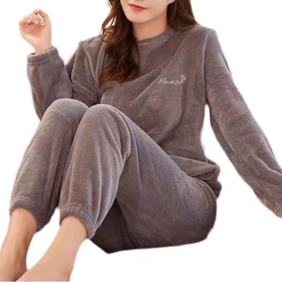 2 Pcs/Set Women Winter Pajamas Set Soft Thick Plush Cold Resistant Solid Color Round Neck Elastic Waist Long Sleeve Lady Homewear Sleeping Set