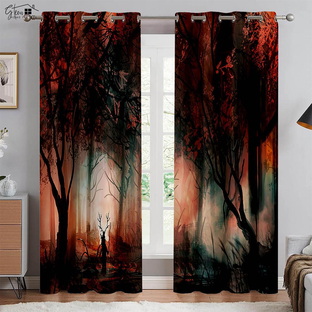 Лесные 3D-занавески с изображением леса, пейзажа, зеленого солнца, осени, кленовых листьев, природы, жизненной силы, кармана для переноски, легко стирать, занавески