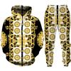Luxury Golden Floral Print Men's 2 Piece Outfit Retro Baroque Pattern Hoodie/Pants/Set Hip Hop Streetwear Men/Women Jogging Suit