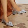 Glitter Pearl Flower Head Pointed Thick Heel Sandals Autumn Shoes Silver High Heels