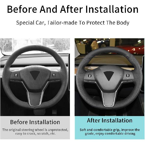 Hand Sewn Steering Wheel Cover,Fit for Tesla Model 3 2017-2023/Model Y 2020-2023,Non-Slip Breathable Microfiber Leather Steering Wheel Cover On Wrap