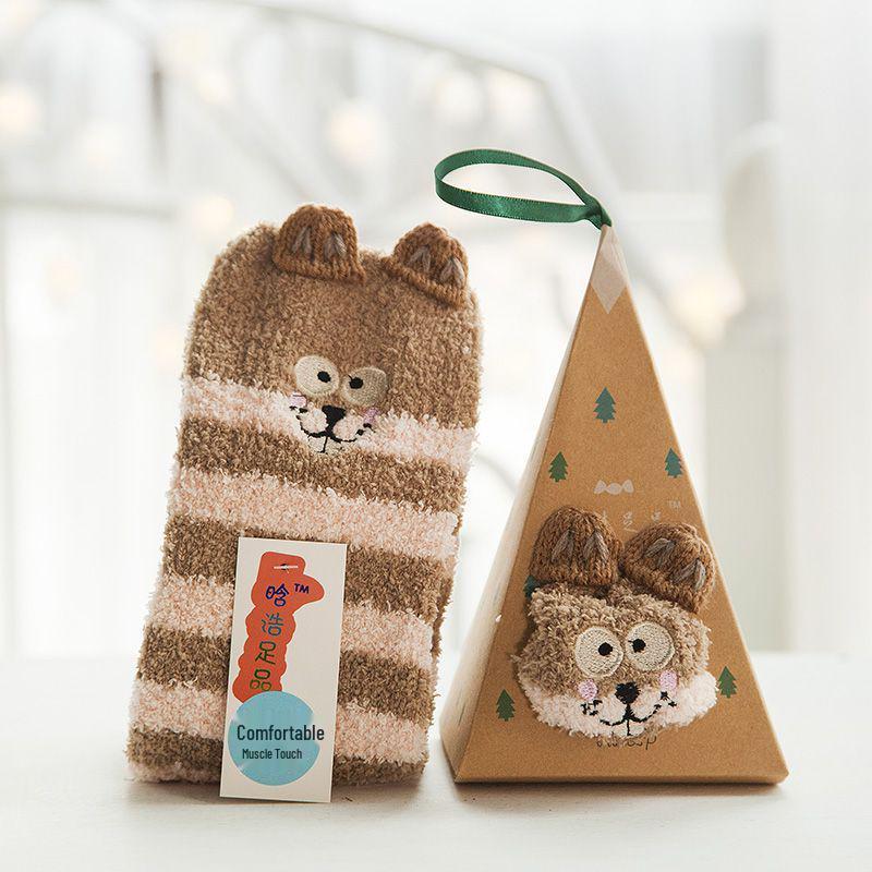 3D Cartoon Coral Fleece Christmas Socks for Adults & Kids, Half-Velvet with Acrylic Ball Design