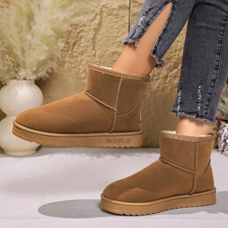2024 New Round Toe Women's Snow Boots Solid Color Thick-soled Boots Autumn and Winter Warm Large Size Cotton Shoes Zapatos