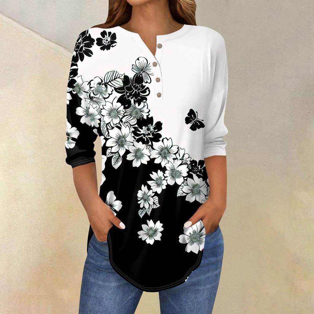 Рубашки с рукавом 3/4 для женщин, модные, повседневные, с круглым вырезом, с принтом, футболка, топ