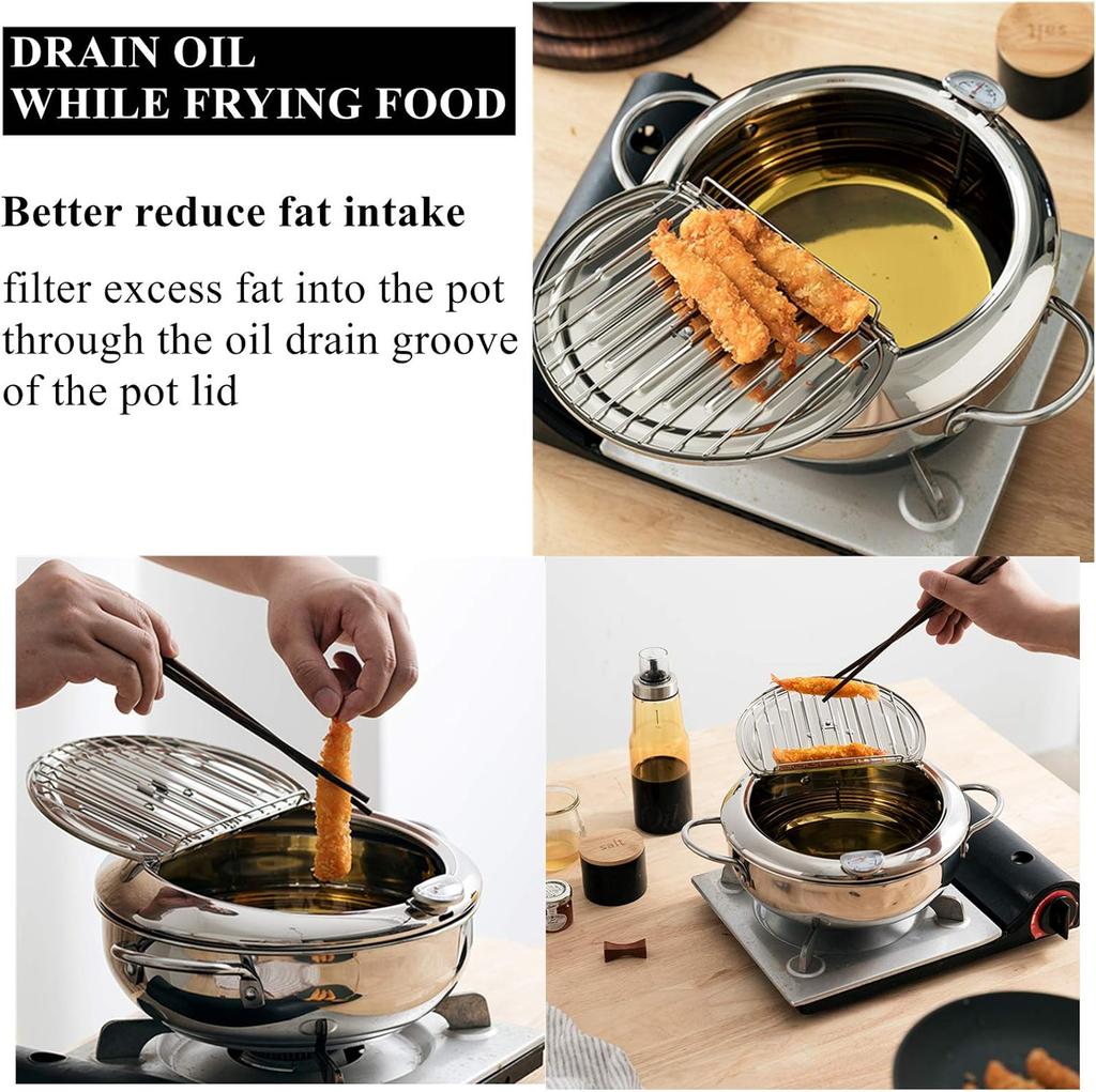 Stainless Steel Deep Fryer Pot, Frying Chicken Pot, Tempura deep Fryer with a Thermometer and a lid, Japanese Style Te