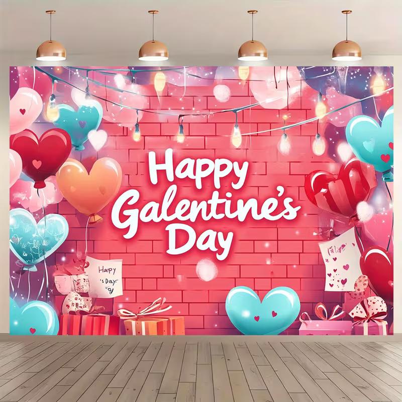 2D Galentine's Day Photo Booth Backdrop with Hearts and Gift Boxes
