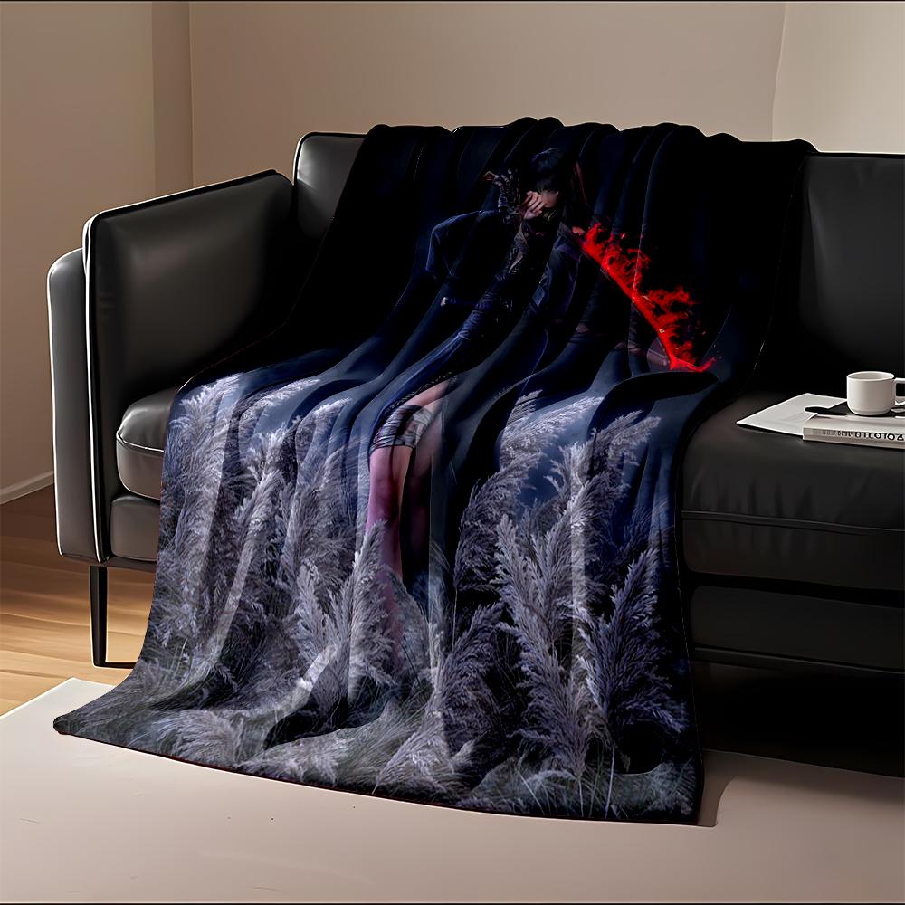 Samurai woman with glowing red katana, Flannel blanket for bedroom, living room, sofa, and nap sofas.