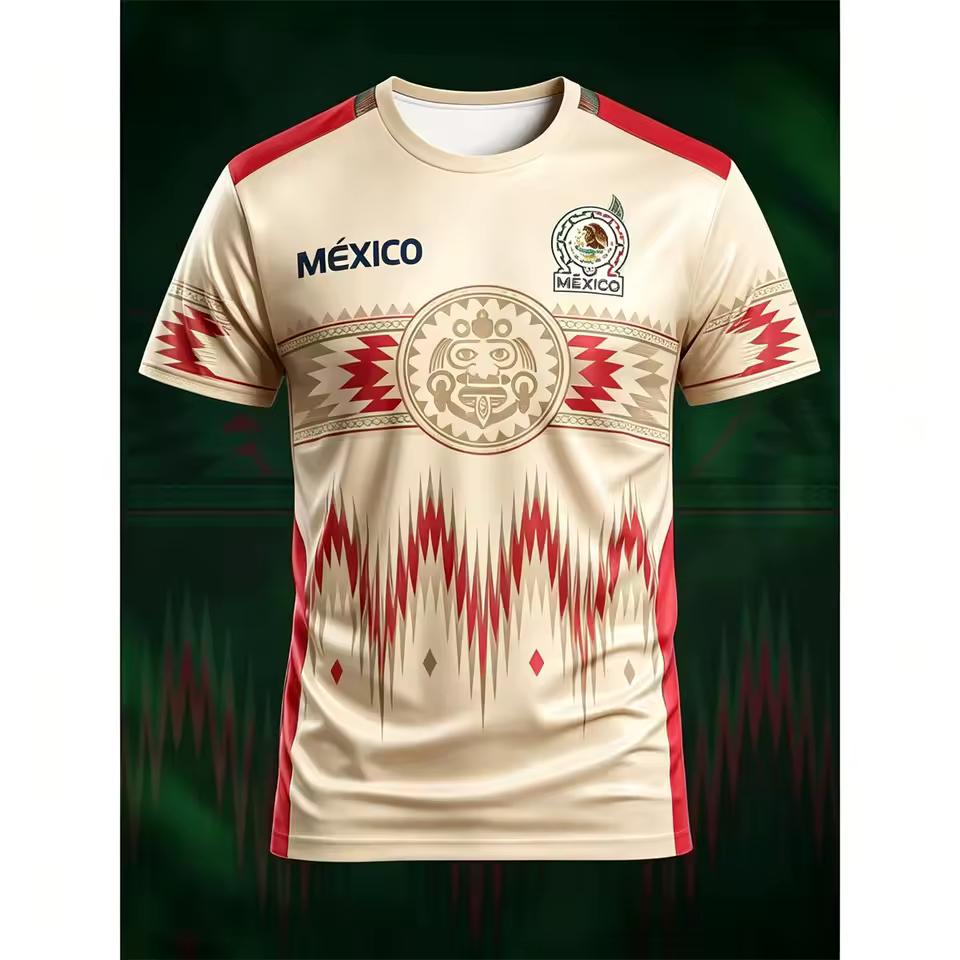 Мужская футболка национальной сборной Мексики по футболу Ацтекский tribal-узор 3D-печать Короткий рукав Футбольная футболка Дышащая Спортивные фанатские тренировочные топы