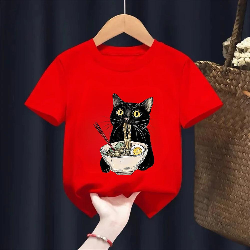 Футболка с кошкой и раменом для любителей еды, черная кошка, лапша, детские футболки, ретро, повседневная, с коротким рукавом, одежда для девочек и мальчиков