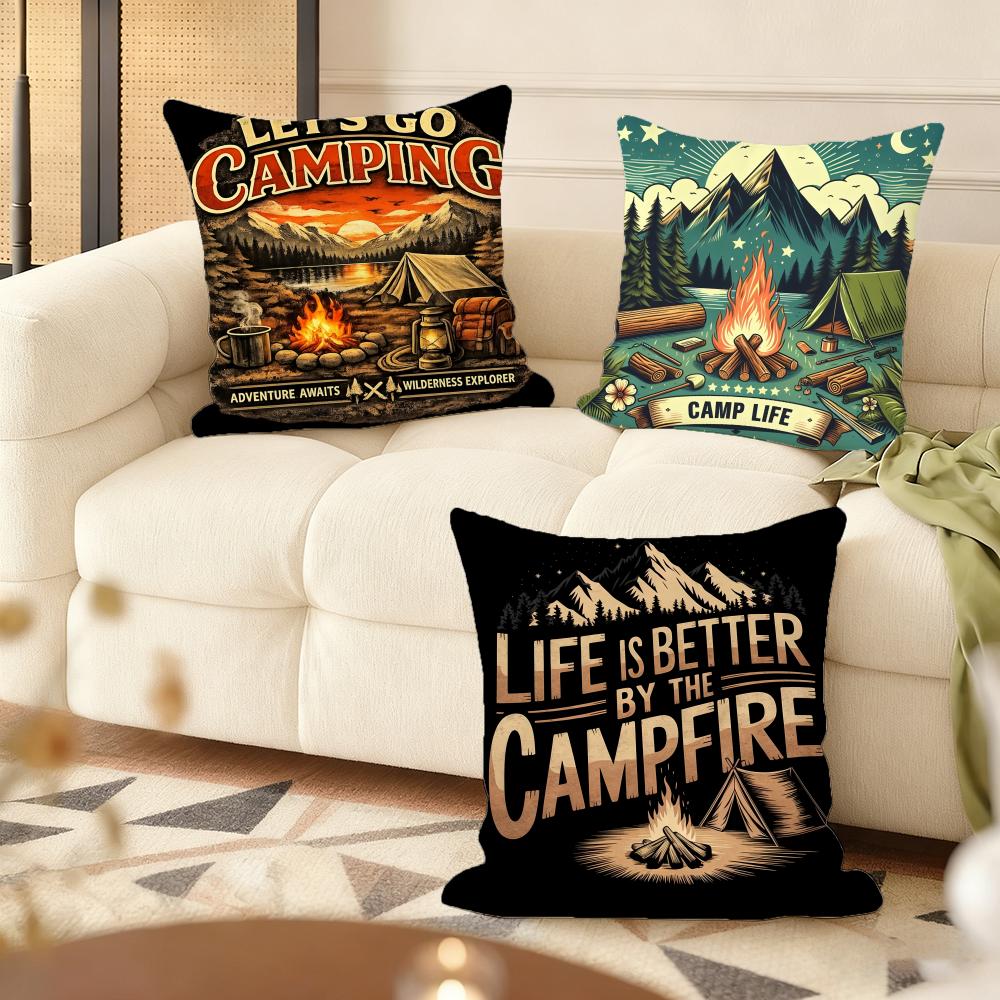 H-Happy Camping Cushion Cover Soft Short Plush Pillow Cover Smooth Cozy Texture Aesthetic Cushion Case Home Decor