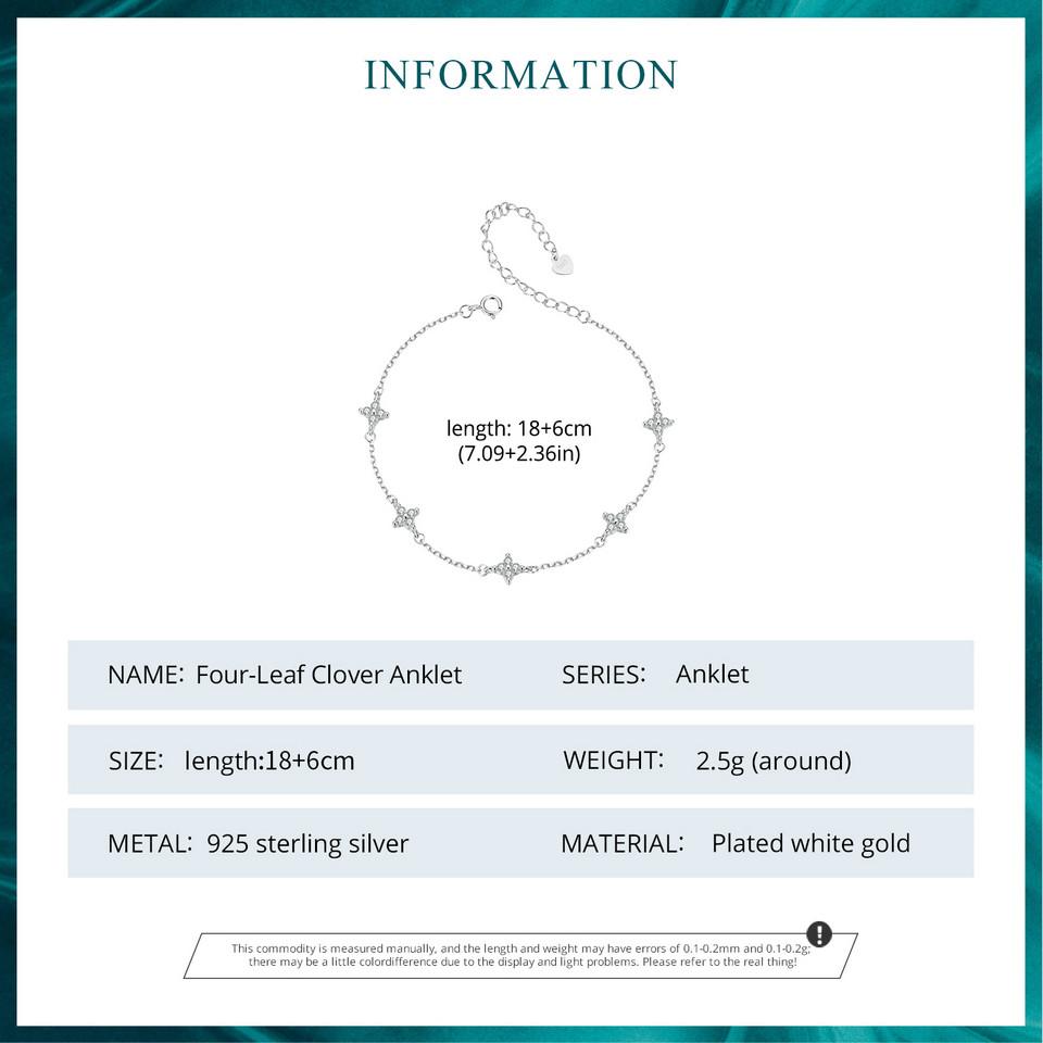 BAMOER 925 Sterling Silver Four-Leaf Clover Anklet Exquisite Sparkling Versatile Anklet For Women Fine Jewelry Party