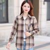 Women's Spring and Autumn Plaid Shirt Standing Collar Long Sleeve Shirt Vintage Loose Shirt