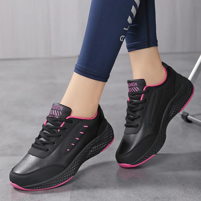 Fashion Women's Leather Sneakers Casual Sneakers Lace Up Flats Lightweight Comfortable Black Anti-slip Running Shoes Outdoor Sports