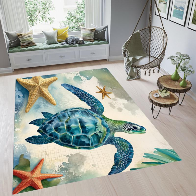 2D Sea Turtle Carpet Kitchen Bathroom Entrance Door Mat Ocean Animal Pattern Girls Kids Bedroom Anti-Slip Flannel Rug Minimalist