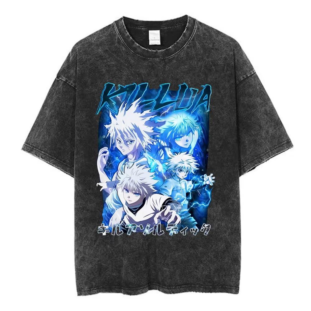 Винтажные стираные аниме-футболки Hunter X Hunter Паук Фантомная труппа Хисока Хролло Короткий рукав Мужская Женская Футболка