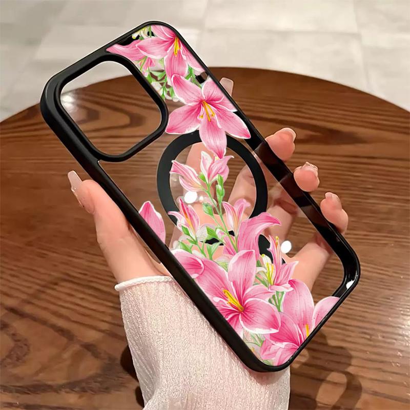 Прозрачный магнитный чехол для телефона с узором из розовых лилий для iPhone 17 16 15 14 13 12 Pro Max Plus 11 17Air 17E 16E Прозрачная крышка