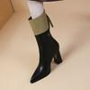 Цветовой блок Заостренный носок Женские полусапоги Элегантные на каблуке Кожаные женские ботинки до середины икры Осень Зима 2025 Новые Шикарные Ботинки