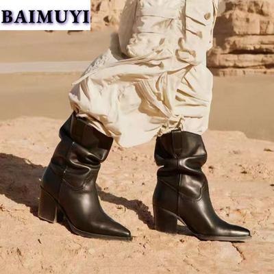 Ботильоны в стиле вестерн с острым носком, женские туфли челси на высоком каблуке, тренд 2025 года, зимние короткие плюшевые теплые зимние кожаные ботинки в готическом стиле Mujer