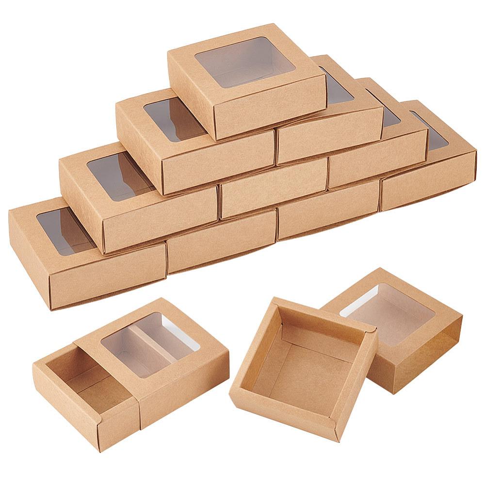 20pcs Drawer Kraft Paper Box Folding Boxes with Clear Window Square BurlyWood 9x9x3.2cm