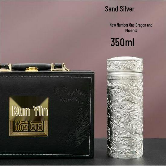 Pure Silver 9999 Thermal Water Cup - Nine Dragon, Hundred Blessings, Dragon & Phoenix Design