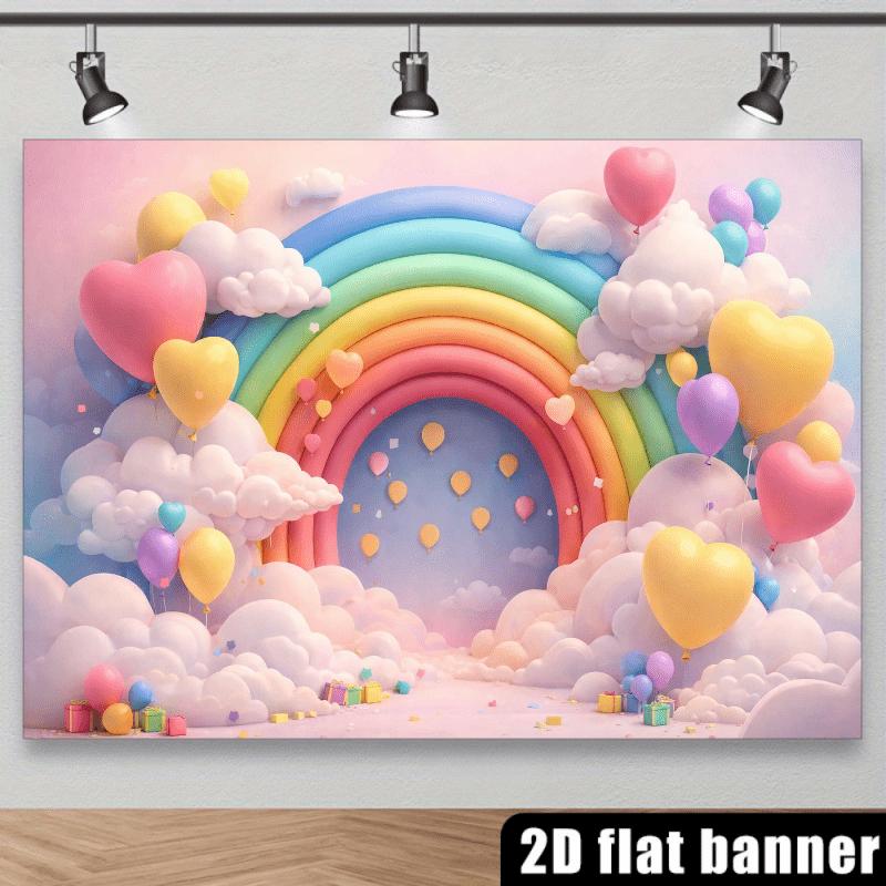 2D flat banner, grand rainbow-themed background fabric, pink and blue gradient sky, giant rainbow archway