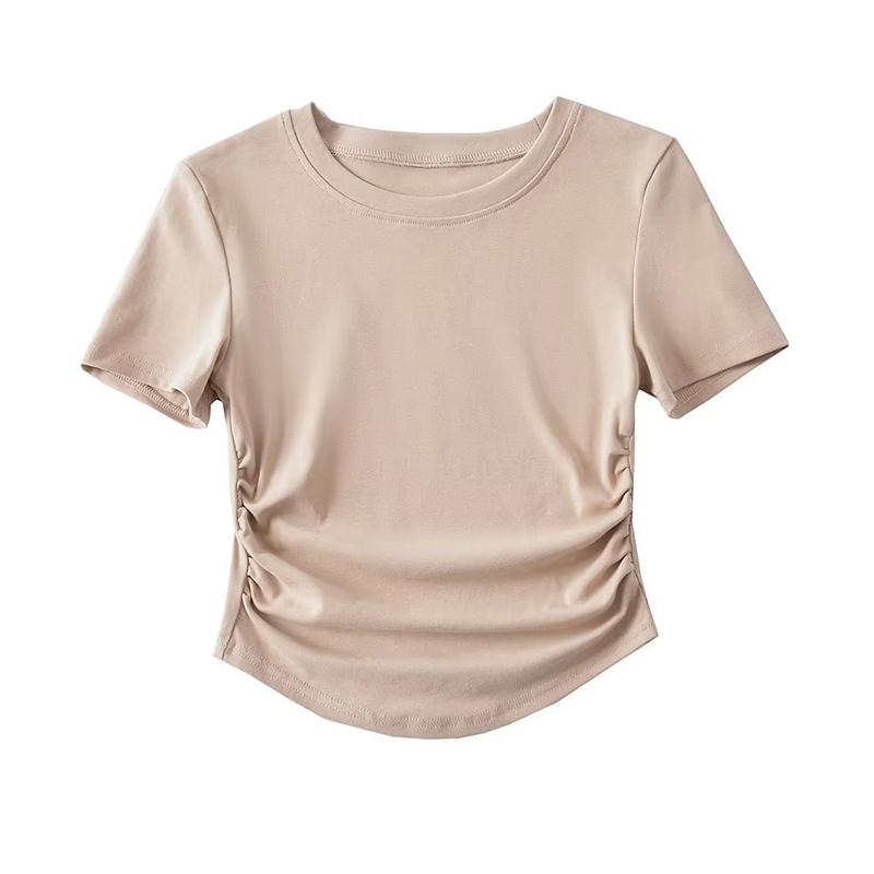 2024 Harajuku Женская хлопковая футболка с круглым вырезом, короткими рукавами и рюшами по бокам, футболки