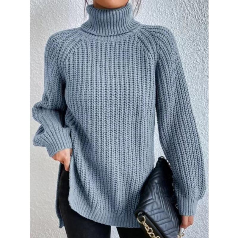 Autumn and Winter Women's Plus Size Knit Sweater Medium Long Shoulder Sleeve High Lapel Split Sweater Dress