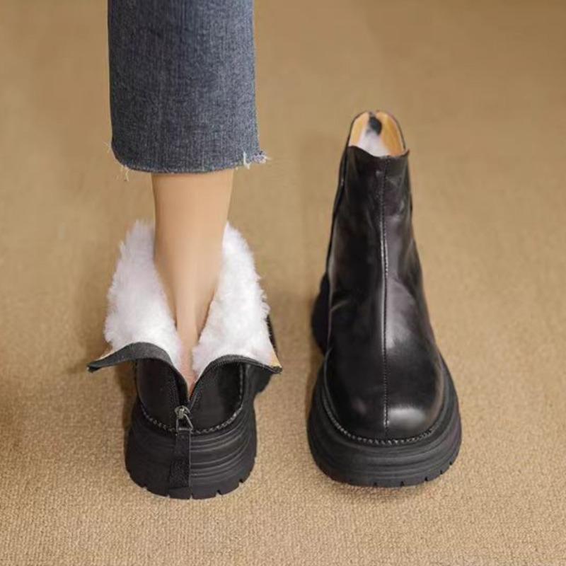 Fur Platform Ankle Snow Boots Winter Plush Warm Leather Shoes Brand 2025 Trend Retro Chelsea Cozy Walking Non Slip Botas Mujer