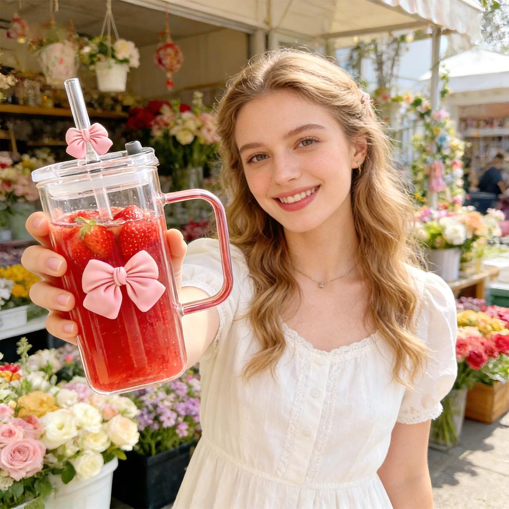Double Bowknot Square Glass Water Cup, High Quality Heat Resistant New Model With Straw And Handle, Tea Cup