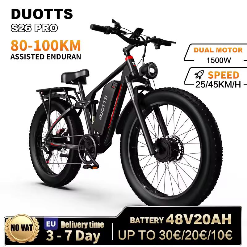 Электровелосипед DUOTTS S26, мотор 1500 Вт, аккумулятор 48 В 20 Ач, гидравлические тормоза, электрический велосипед с 26-дюймовыми широкими шинами, электровелосипед для всех типов местности