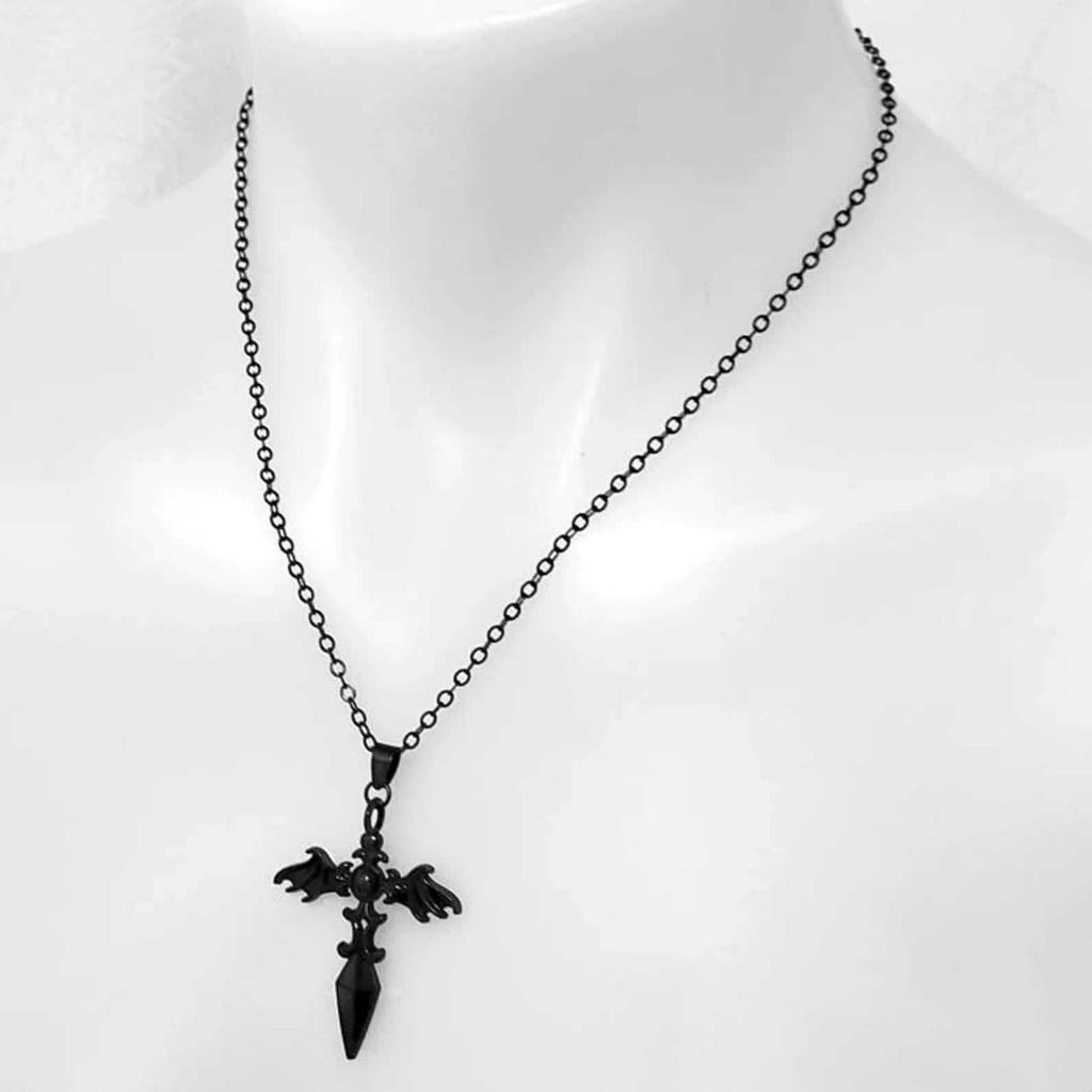 Gothic Sword Pendant Necklace, Winged Cross, Vampire Bat Wings, Unisex Statement Necklace