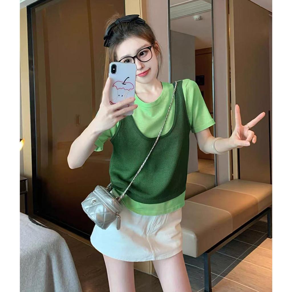 2026 Summer Niche Western-Style Fashionable Versatile Top Korean Contrasting Color Knitted Short-Sleeved T-Shirt for Women