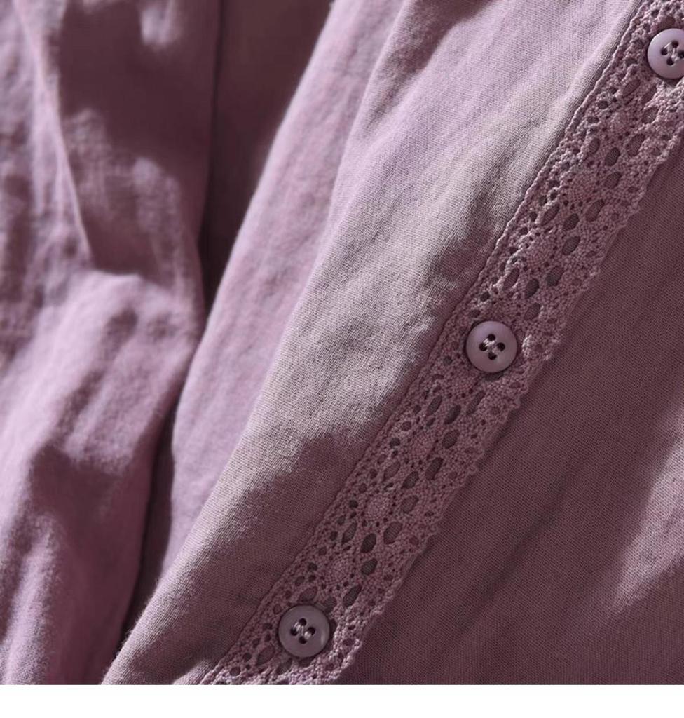 Women's Retro Cotton & Linen Lace-Stitched Long Sleeve Shirt: Spring/Summer Collection