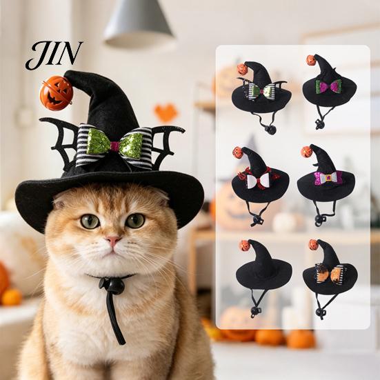 Elastic Strap Pet Hat Halloween Cat Wizard Hat, Bent Pointed with Pumpkin Bell, Small Dog Sequined Bow Festive for Cats Dogs