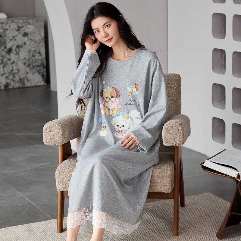 2026 Womens Cotton Long Sleeve Cute Cartoon Nightgown Casual Home Dress