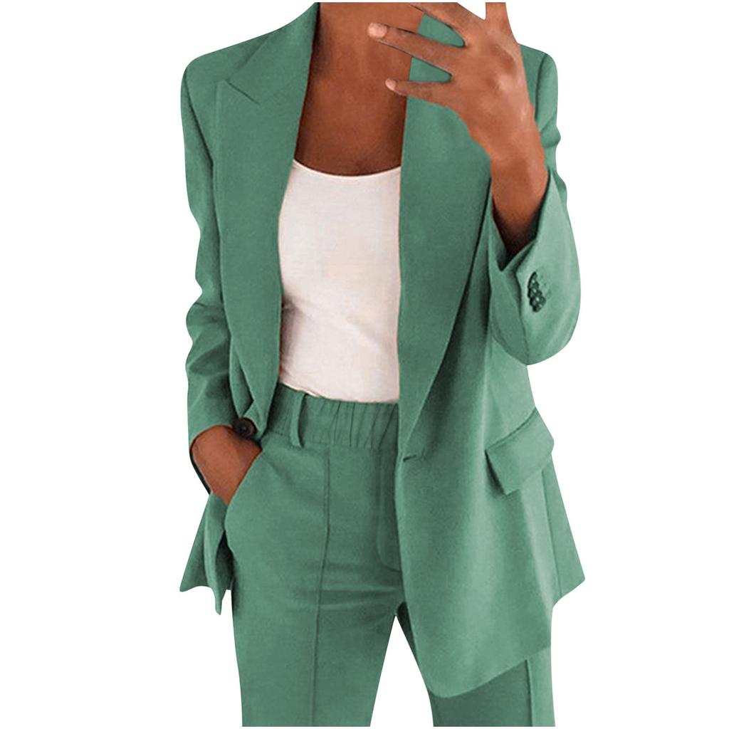 Women's Casual Long Sleeve Solid Color Lapel Cardigan Suit Jacket Pants Suit