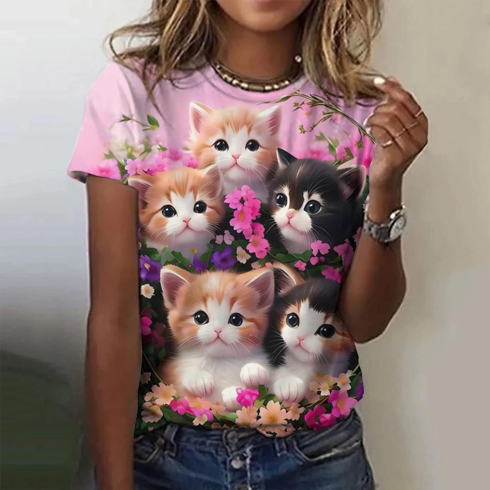 Cute Cat Print Women T-Shirt Harajuku Vintage Short Sleeved Tees O Neck Funny Tee Top Oversized Female Clothing
