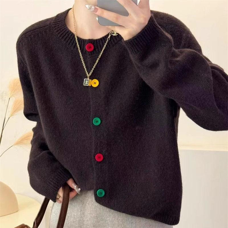 Autumn and Winter Short Sweater for Women Korean Color Button Round Neck Knitted Cardigan for Women