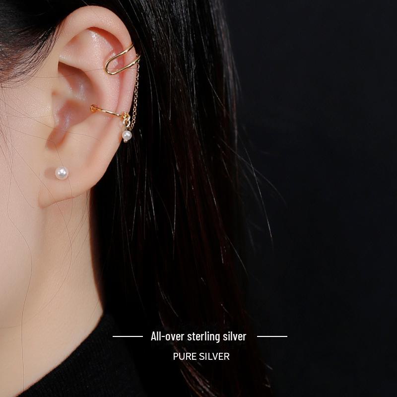 Banyan Tree S925 Silver Asymmetrical Pearl Ear Clips with Minimalist Cold Style